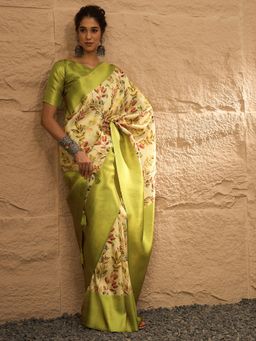 Akhilam - Women's Silk Blend Green Digital Print Designer Saree with Unstitched Blouse
