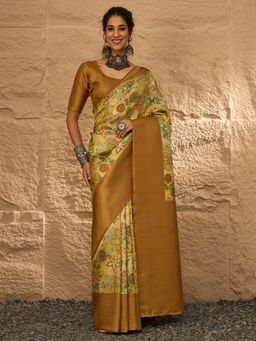 Akhilam - Women's Silk Blend Mustard Digital Print Saree with Unstitched Blouse