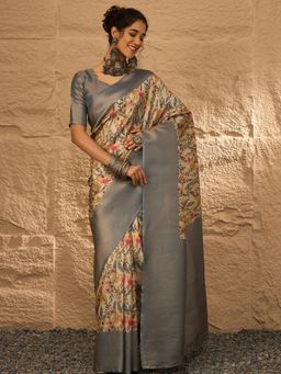 Akhilam - Women's Silk Blend Grey Digital Print Designer Saree with Unstitched Blouse