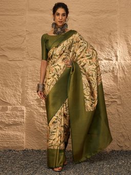 Akhilam - Women's Silk Blend Cream Digital Print Designer Saree with Unstitched Blouse