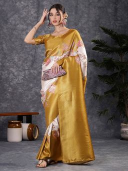 Akhilam - Women's Silk Blend Mustard Digital Print Saree with Unstitched Blouse