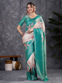Akhilam - Women's Silk Blend Turquoise Digital Print Saree with Unstitched Blouse