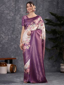 Akhilam - Women's Silk Blend Purple Digital Print Saree with Unstitched Blouse