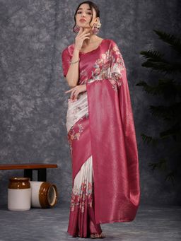 Akhilam - Women's Silk Blend Pink Digital Print Designer Saree with Unstitched Blouse