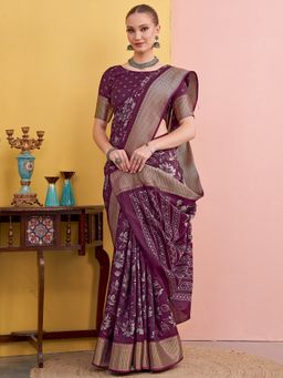 Akhilam - Women's Silk Blend Purple Printed Designer Saree with Unstitched Blouse