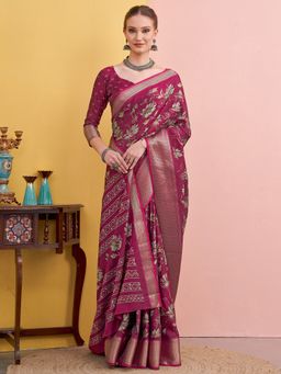Akhilam - Women's Silk Blend Pink Printed Designer Saree with Unstitched Blouse