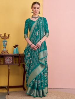 Akhilam - Women's Silk Blend Teal Green Printed Designer Saree with Unstitched Blouse