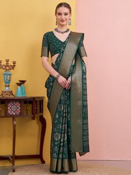 Akhilam - Women's Silk Blend Dark Green Printed Designer Saree with Unstitched Blouse