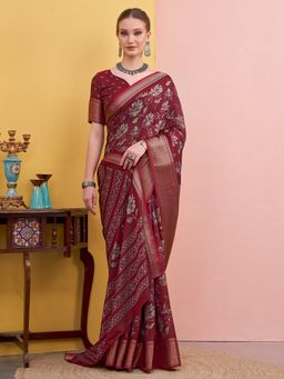 Akhilam - Women's Silk Blend Maroon Printed Designer Saree with Unstitched Blouse