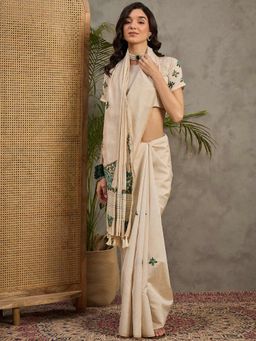 Akhilam - Women's Tussar Silk Cream Embroidered Designer Saree with Unstitched Blouse