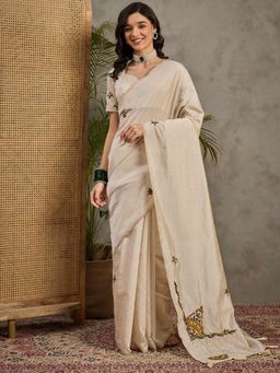 Akhilam - Women's Tussar Silk Cream Embroidered Designer Saree with Unstitched Blouse