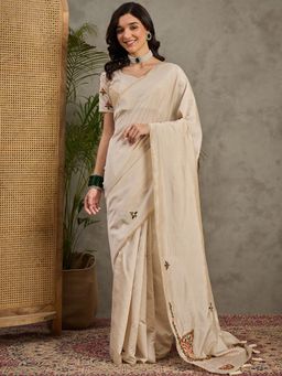 Akhilam - Women's Tussar Silk Cream Embroidered Designer Saree with Unstitched Blouse