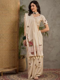 Akhilam - Women's Tussar Silk Cream Embroidered Designer Saree with Unstitched Blouse