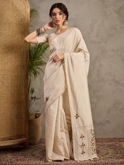 Akhilam - Women's Tussar Silk Cream Embroidered Designer Saree with Unstitched Blouse