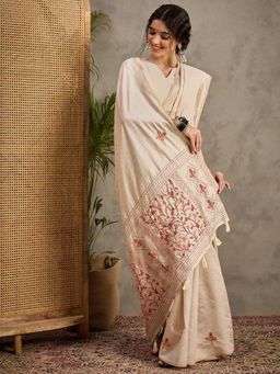 Akhilam - Women's Tussar Silk Cream Embroidered Designer Saree with Unstitched Blouse