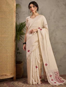 Akhilam - Women's Tussar Silk Cream Embroidered Designer Saree with Unstitched Blouse