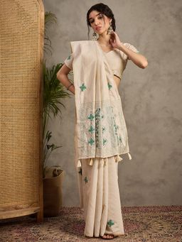 Akhilam - Women's Tussar Silk Cream Embroidered Designer Saree with Unstitched Blouse