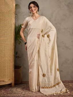 Akhilam - Women's Tussar Silk Cream Embroidered Designer Saree with Unstitched Blouse
