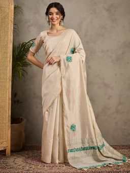Akhilam - Women's Tussar Silk Cream Embroidered Designer Saree with Unstitched Blouse