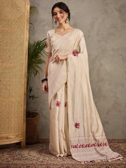 Akhilam - Women's Tussar Silk Cream Embroidered Designer Saree with Unstitched Blouse