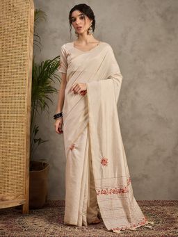 Akhilam - Women's Tussar Silk Cream Embroidered Designer Saree with Unstitched Blouse