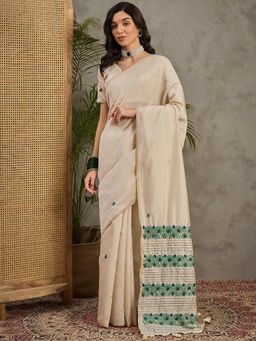 Akhilam - Women's Tussar Silk Cream Embroidered Designer Saree with Unstitched Blouse