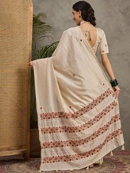 Akhilam - Women's Tussar Silk Cream Embroidered Designer Saree with Unstitched Blouse