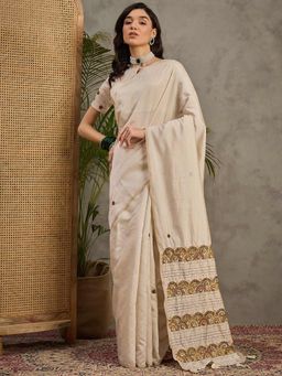 Akhilam - Women's Tussar Silk Cream Embroidered Designer Saree with Unstitched Blouse