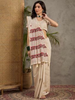 Akhilam - Women's Tussar Silk Cream Embroidered Designer Saree with Unstitched Blouse