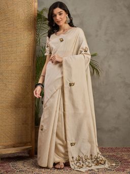 Akhilam - Women's Tussar Silk Cream Embroidered Designer Saree with Unstitched Blouse