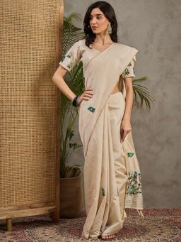 Akhilam - Women's Tussar Silk Cream Embroidered Designer Saree with Unstitched Blouse
