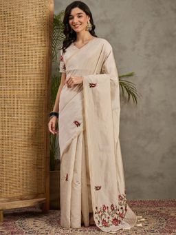 Akhilam - Women's Tussar Silk Cream Embroidered Designer Saree with Unstitched Blouse