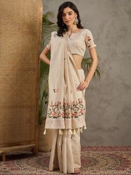Akhilam - Women's Tussar Silk Cream Embroidered Designer Saree with Unstitched Blouse
