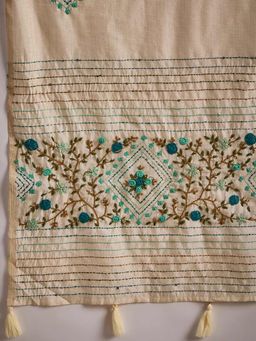 Akhilam - Women's Tussar Silk Cream Embroidered Designer Saree with Unstitched Blouse