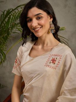 Akhilam - Women's Tussar Silk Cream Embroidered Designer Saree with Unstitched Blouse