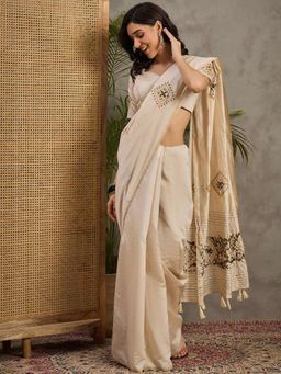 Akhilam - Women's Tussar Silk Cream Embroidered Designer Saree with Unstitched Blouse