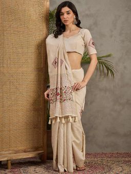 Akhilam - Women's Tussar Silk Cream Embroidered Designer Saree with Unstitched Blouse