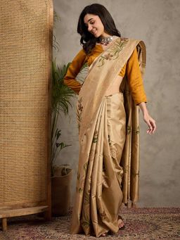 Akhilam - Women's Silk Blend Beige Printed Designer Saree with Unstitched Blouse