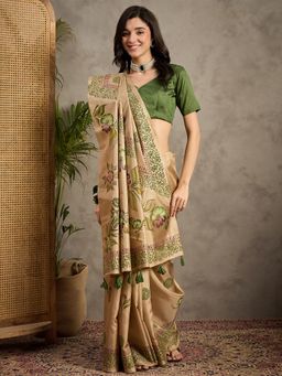 Akhilam - Women's Silk Blend Beige Printed Designer Saree with Unstitched Blouse