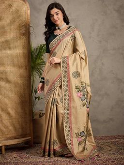 Akhilam - Women's Silk Blend Beige Printed Designer Saree with Unstitched Blouse