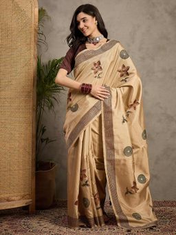 Akhilam - Women's Silk Blend Beige Printed Designer Saree with Unstitched Blouse