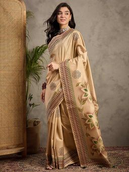 Akhilam - Women's Silk Blend Beige Printed Designer Saree with Unstitched Blouse