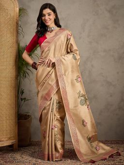 Akhilam - Women's Silk Blend Beige Printed Designer Saree with Unstitched Blouse