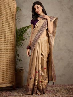 Akhilam - Women's Silk Blend Beige Printed Designer Saree with Unstitched Blouse