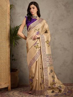 Akhilam - Women's Silk Blend Beige Printed Designer Saree with Unstitched Blouse
