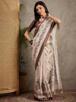 Akhilam - Women's Manipuri Silk Cream Printed Designer Saree with Unstitched Blouse