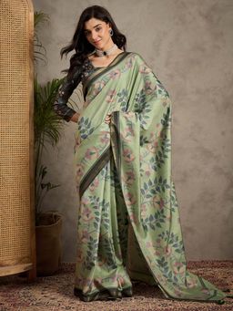 Akhilam - Women's Manipuri Silk Light Green Printed Saree with Unstitched Blouse