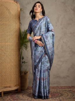 Akhilam - Women's Manipuri Silk Light Blue Printed Saree with Unstitched Blouse