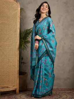 Akhilam - Women's Manipuri Silk Turquoise Printed Saree with Unstitched Blouse