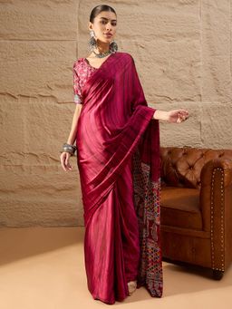 Akhilam - Women's Crepe Pink Printed Designer Saree with Unstitched Blouse